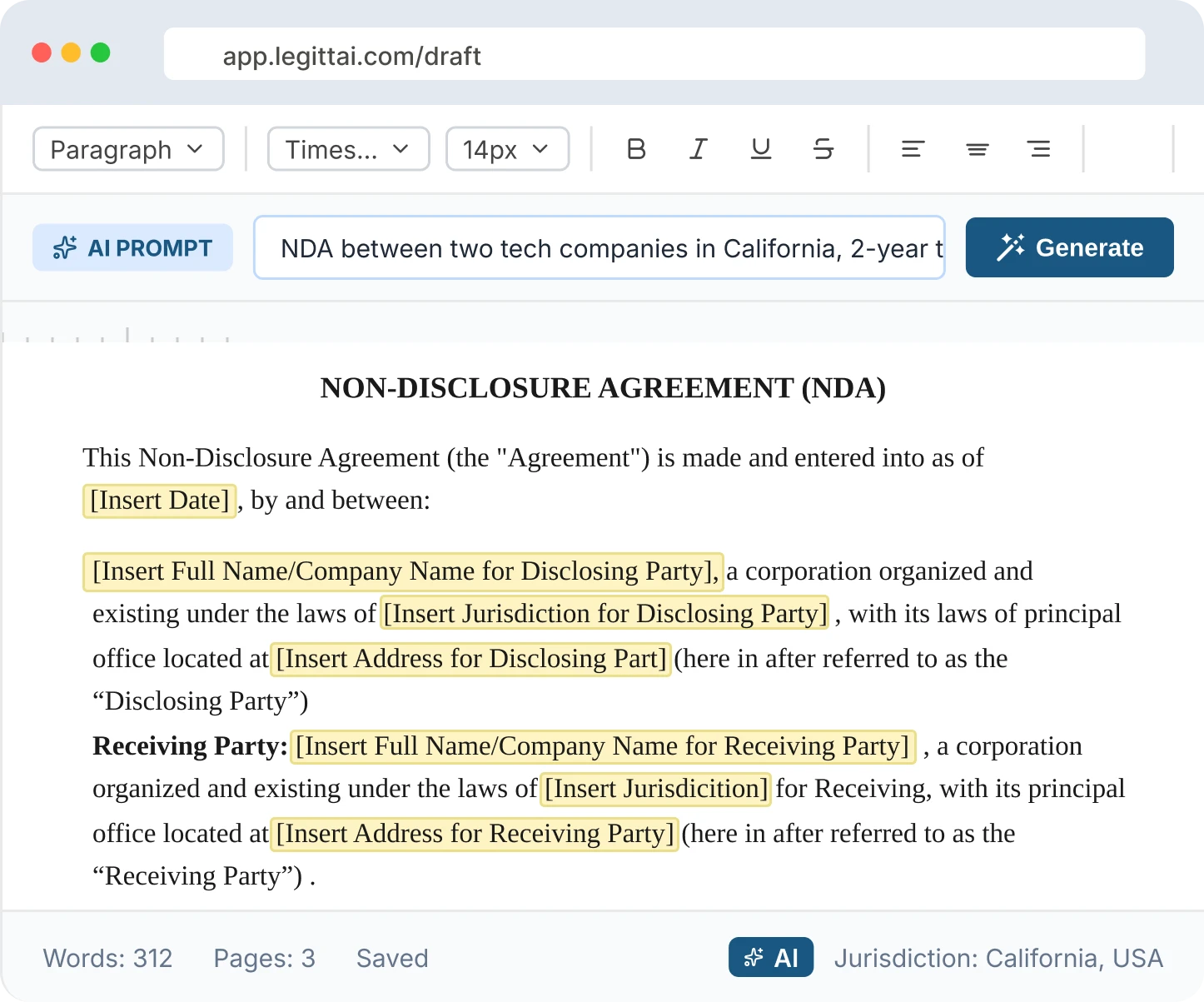 'AI contract generator step 1 — describe your agreement'