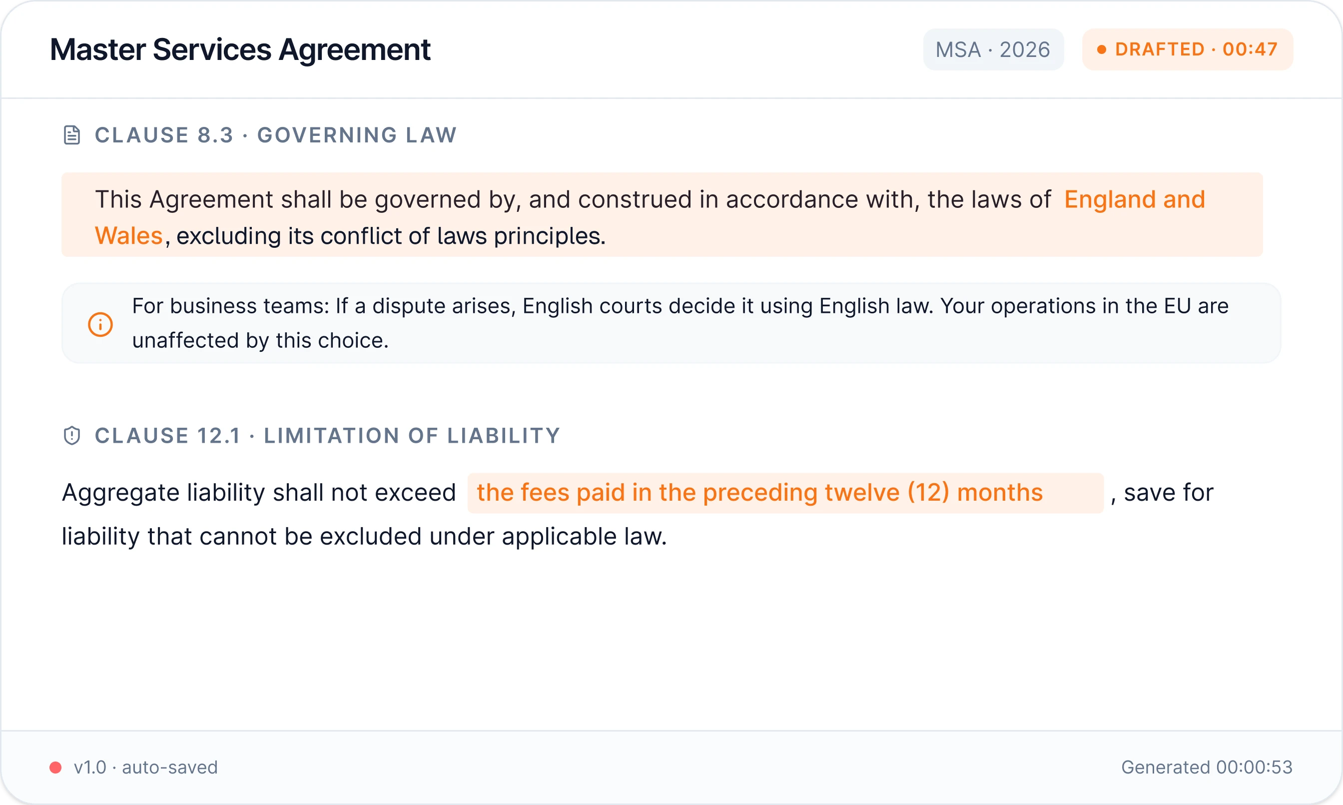 'AI contract generator step 2 — generate contract with right clauses