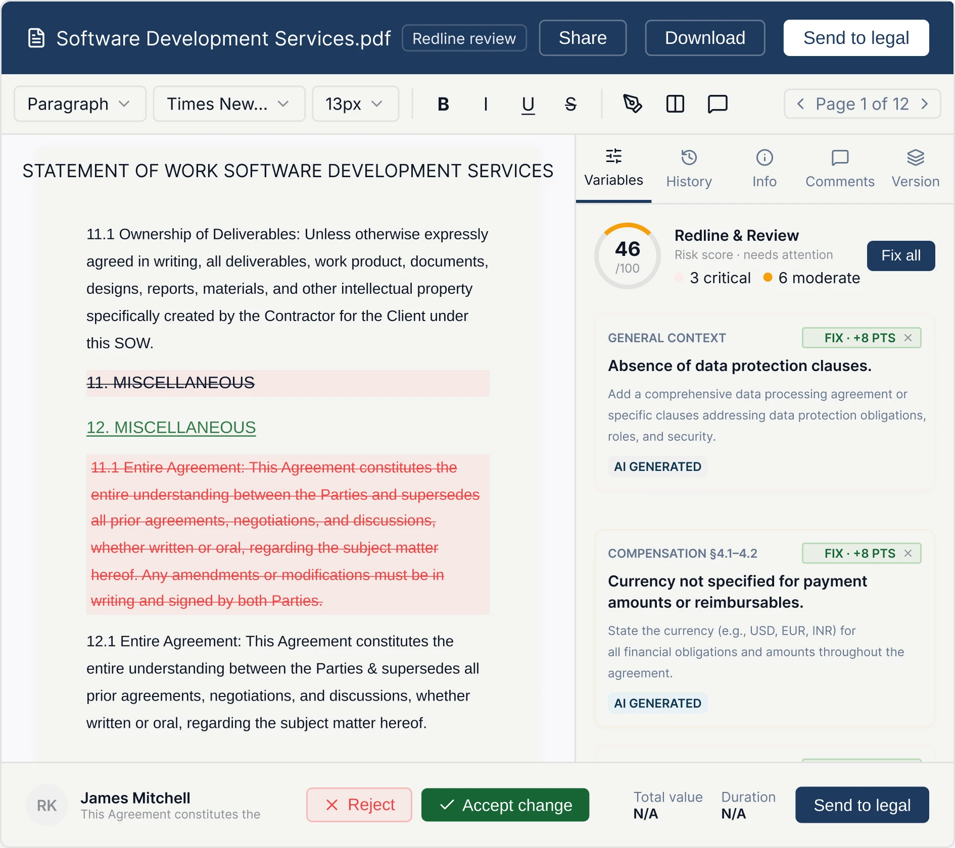 'AI contract generator step 3 - risk review identifies potential issues'